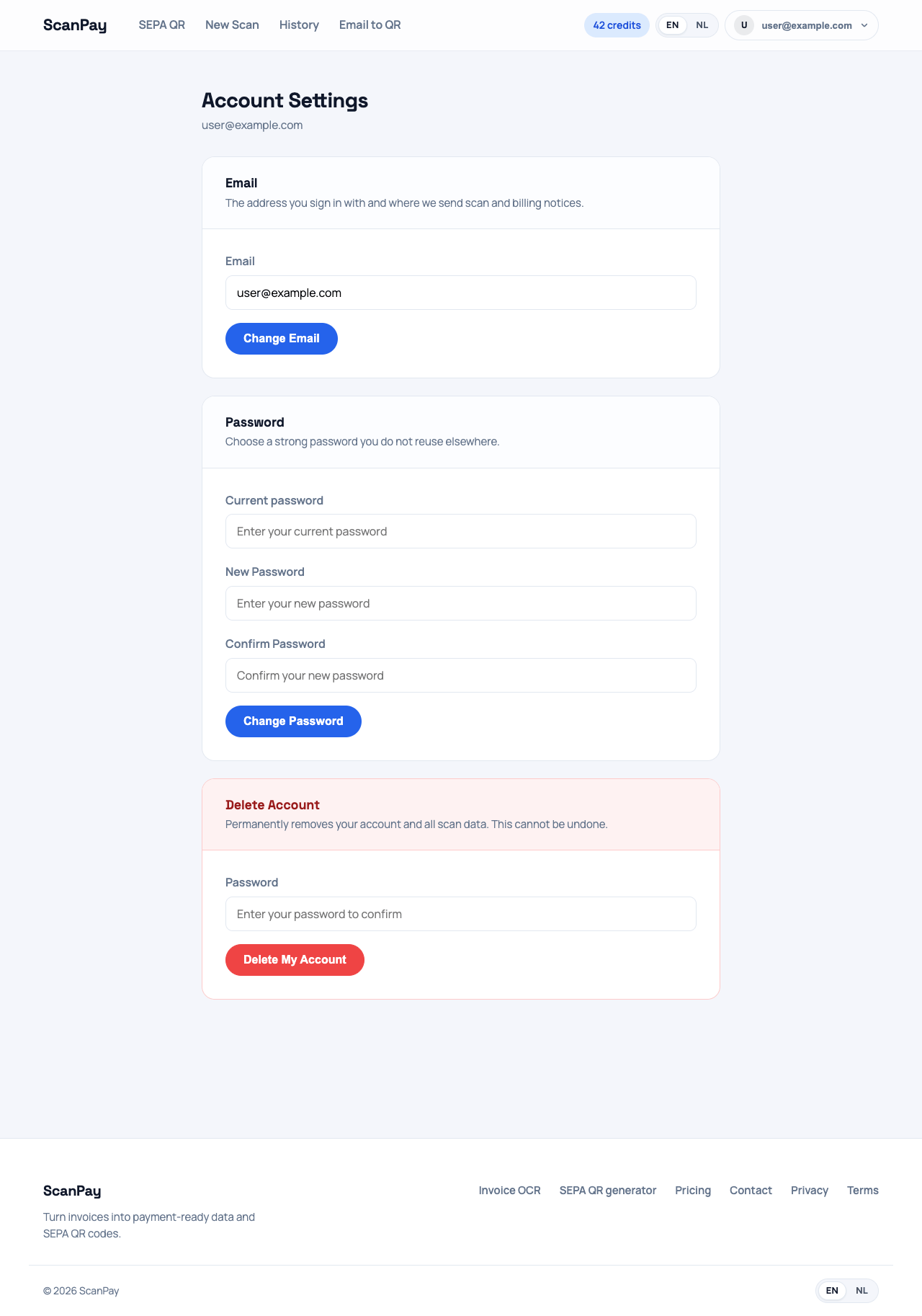 The account settings page
