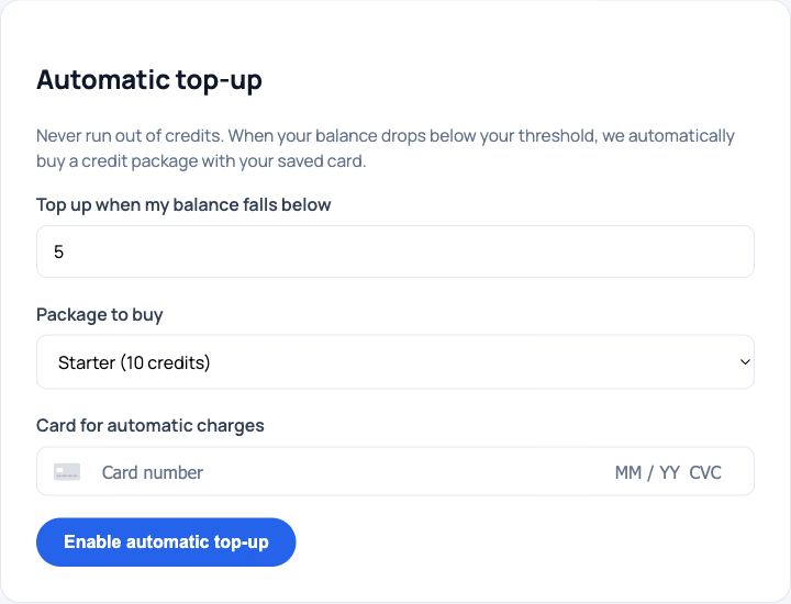The automatic top-up settings panel