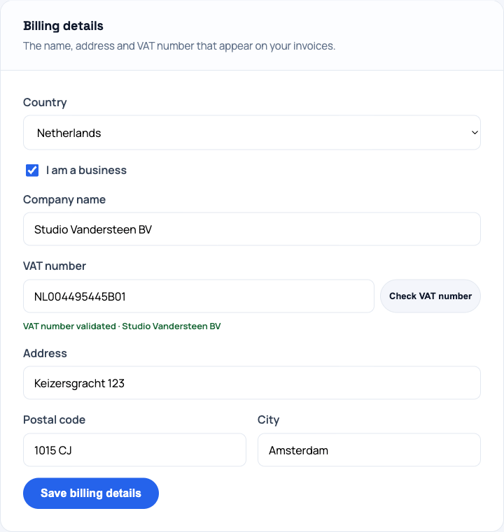 The billing details fields with the business option enabled
