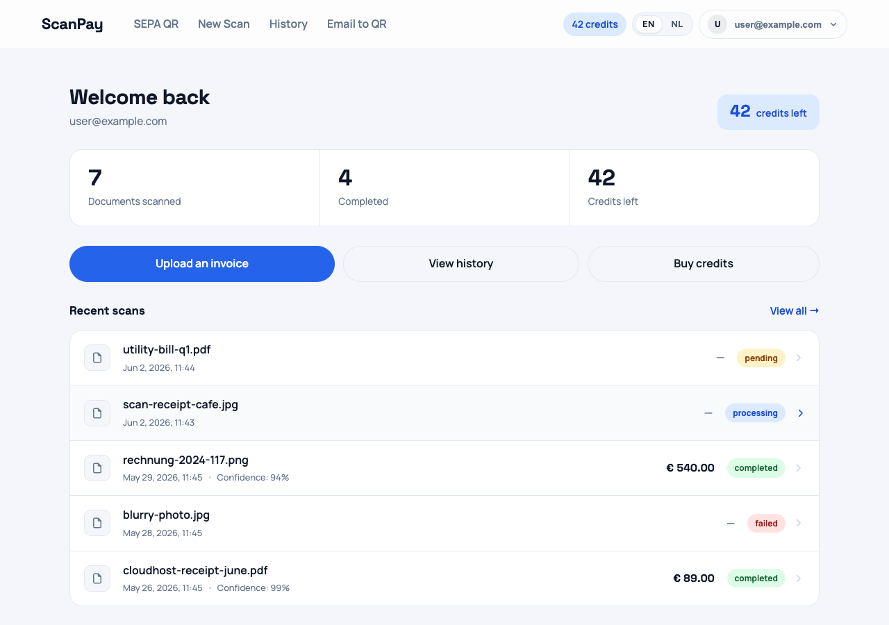 The ScanPay dashboard after logging in
