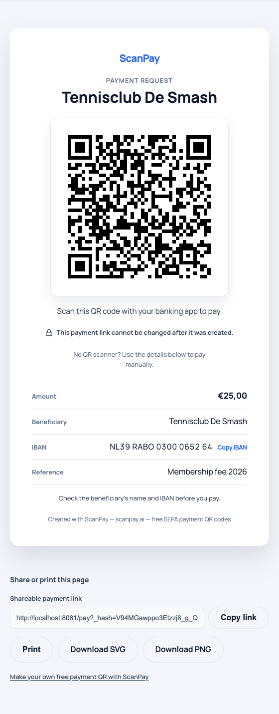 La page de paiement ScanPay partageable avec un QR code et les informations de paiement