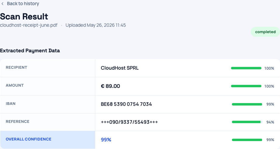 A completed scan showing extracted payment data with confidence scores