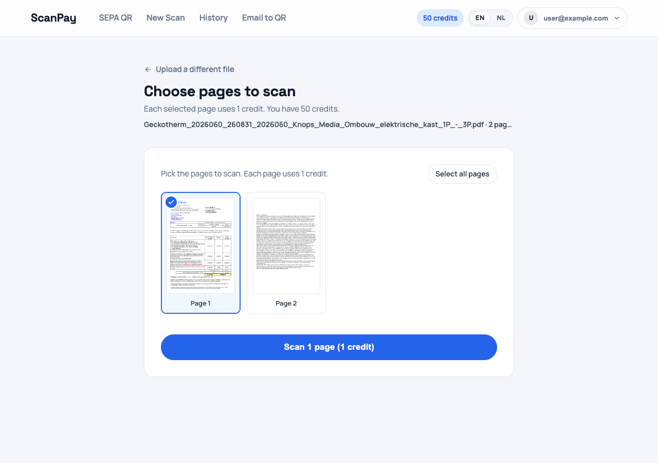 The page picker showing thumbnails of a multi-page PDF with checkboxes