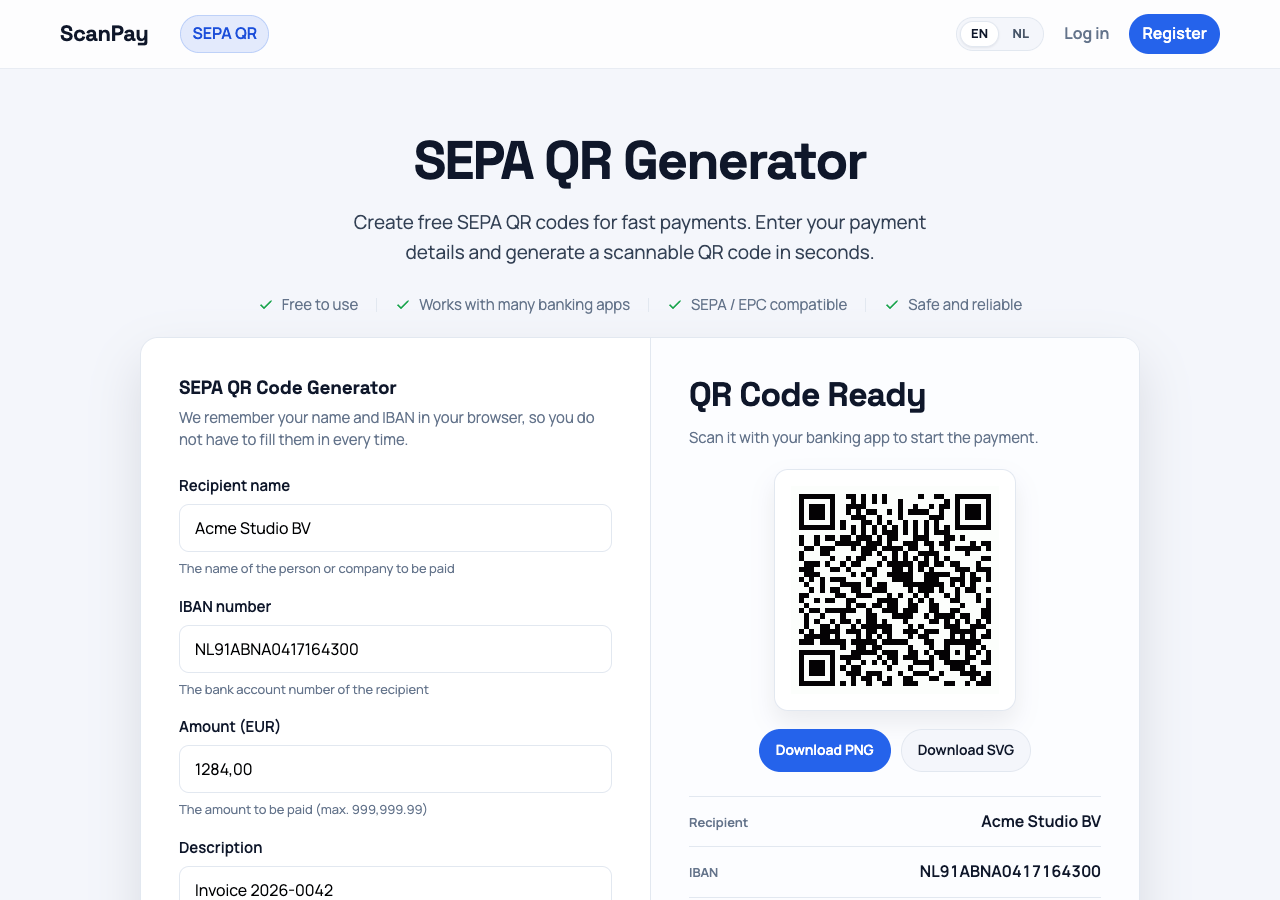 The SEPA QR generator with a generated code