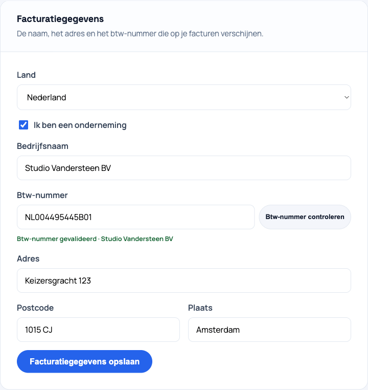 De facturatievelden met de zakelijke optie aangevinkt
