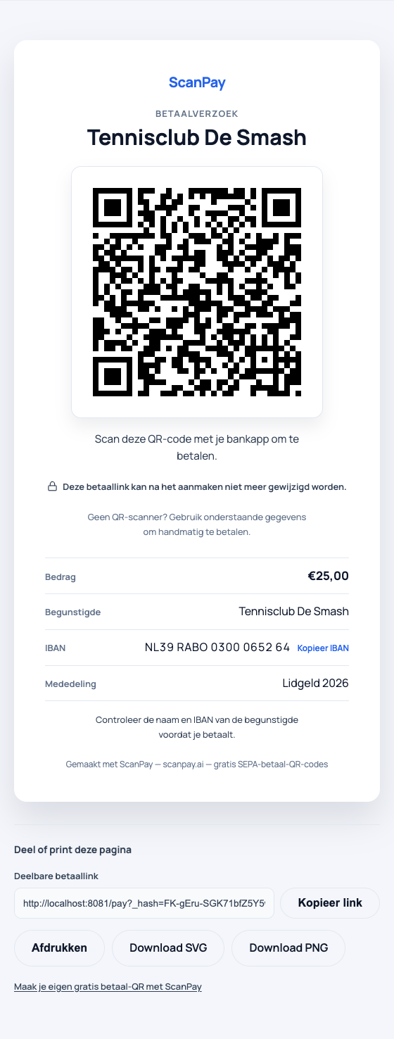 De deelbare ScanPay-betaalpagina met een QR-code en betaalgegevens