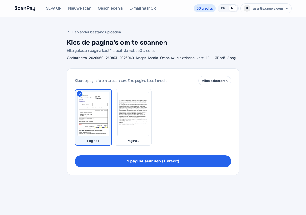 De paginakiezer met thumbnails van een PDF met meerdere pagina's en selectievakjes