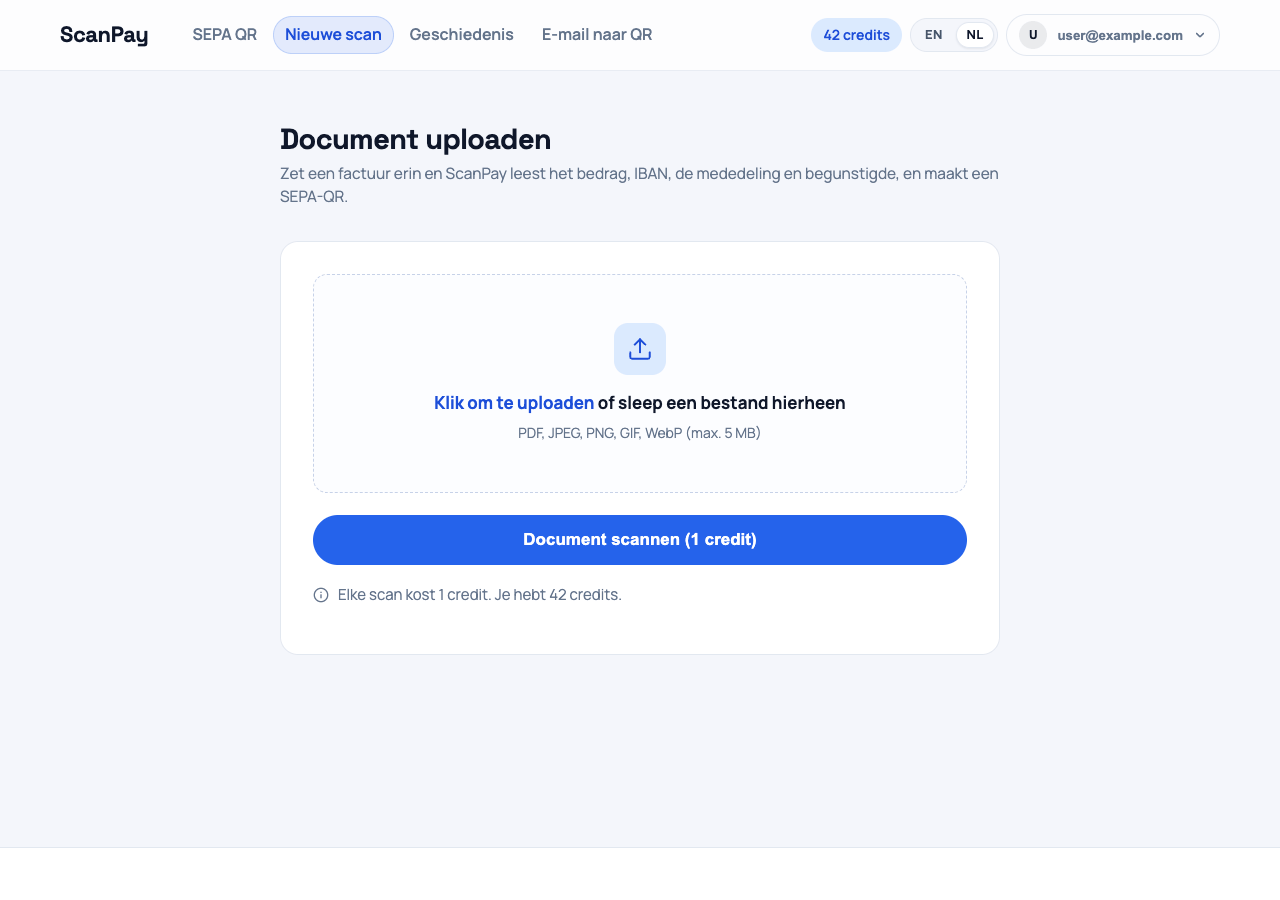 Het uploadscherm van ScanPay
