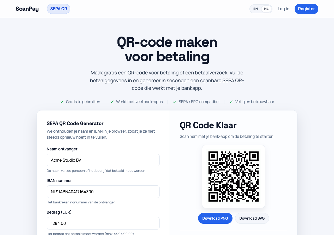 De SEPA QR-generator met een gegenereerde code